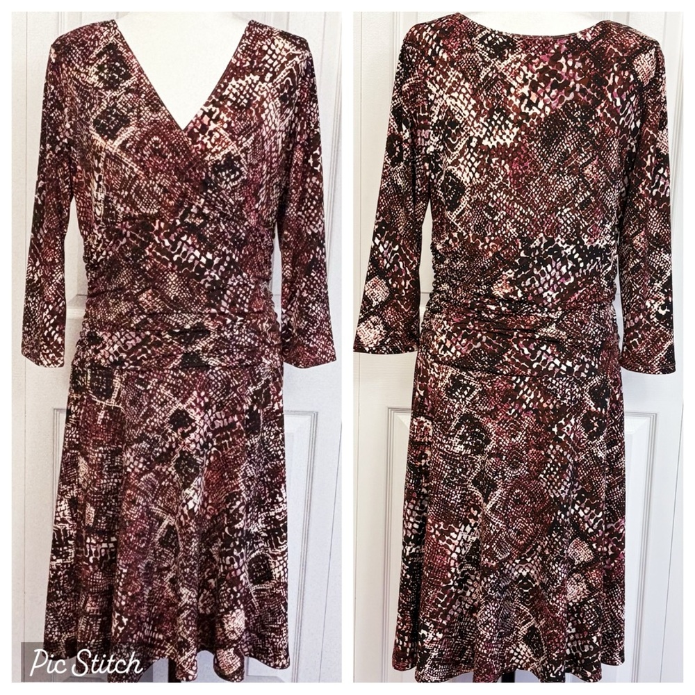 Rekucci Burgundy & Brown Reptile Snakeskin Ruched High Waist Midi Dress 14